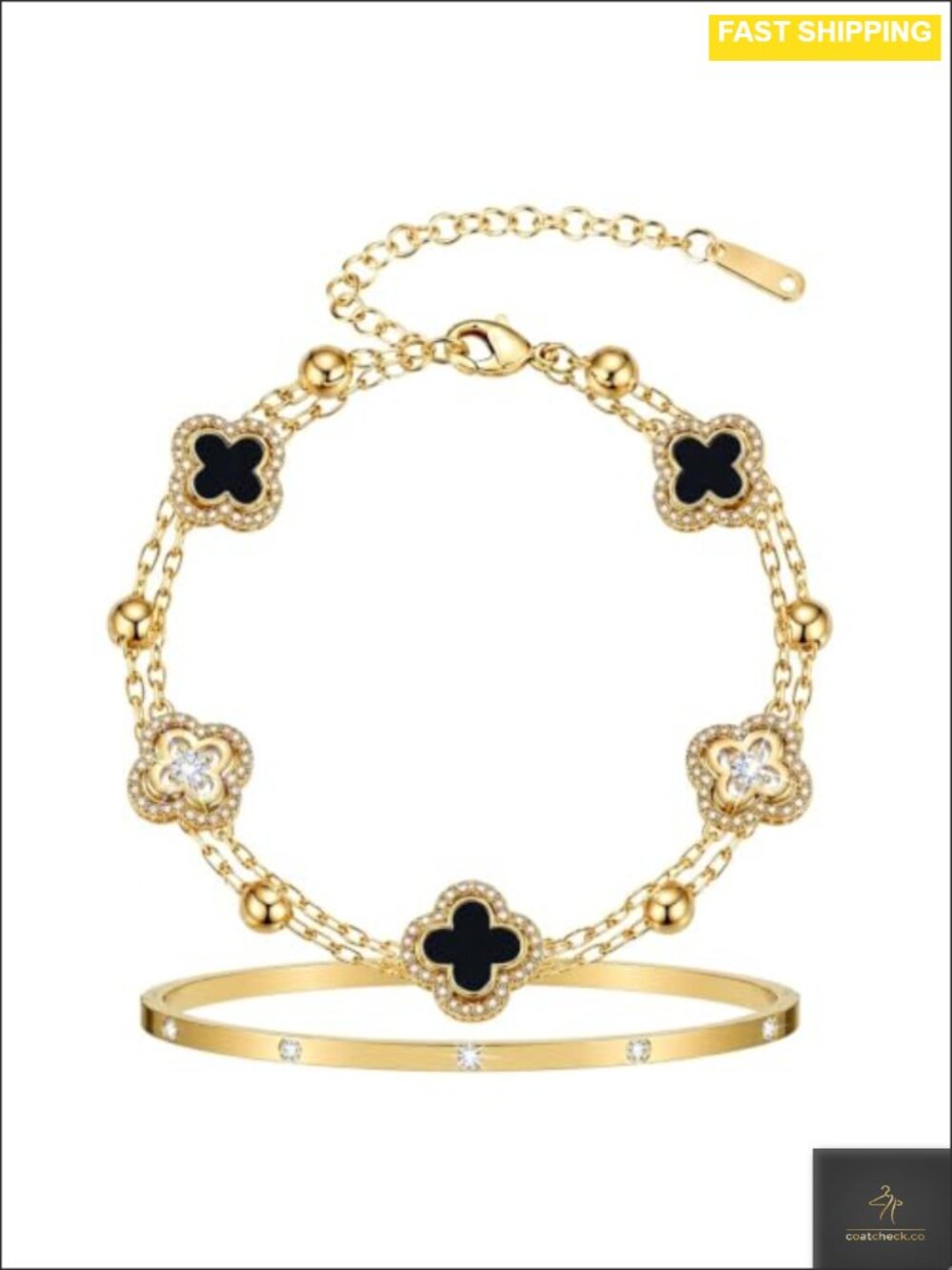14K Gold Plated CZ Clover Bracelet Set Stackable Women's Jewelry Gift